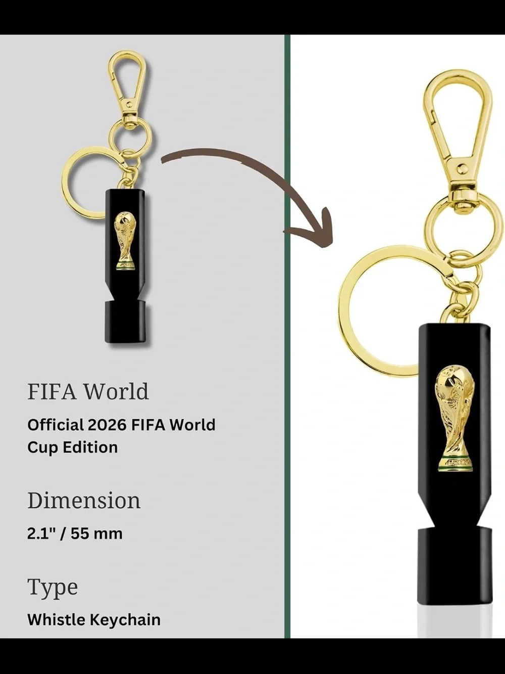 FIFA 2026 Black & Gold Safety Whistle Keychain NWT
